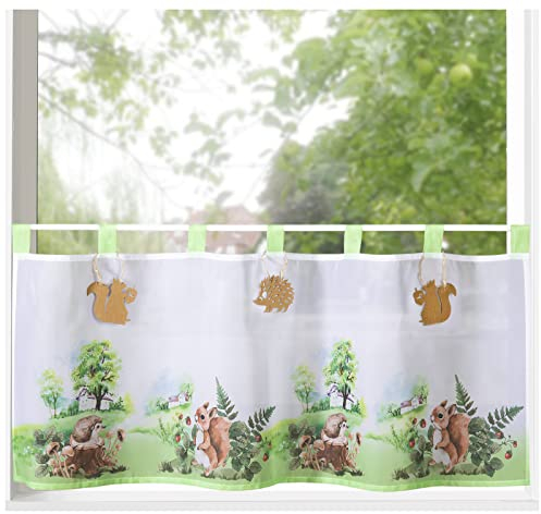 heimtexland ® Scheibengardine mit Deko Anhänger Filz Fensterdekoration Gardine Typ790 Grün - Eichhörnchen