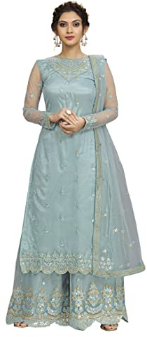 TRENDMALLS Abito da donna con ricamo a rete Sharara vestito indiano pakistano matrimonio etnico pronto da indossare, Azzurro chiaro, Large