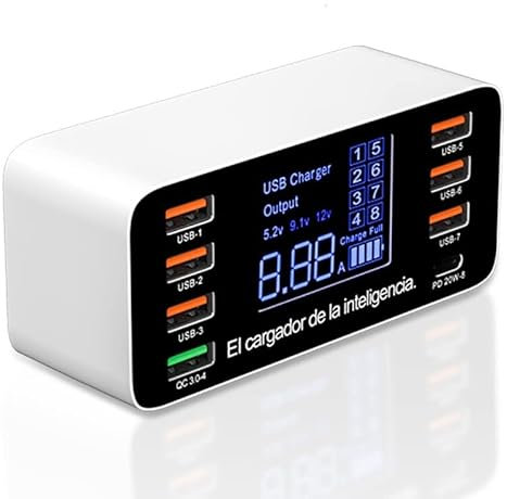 Braveking1 USB Charger, 60W 8-Port USB Charger Desktop Charging Station Hub with Quick Charge 18W QC 3.0 USB Port and 20W PD Fast Charger and LCD Display Charging Station for iPhone iPad Samsung