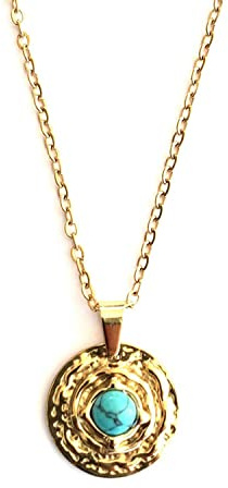 ASTER ALHELÍ - Collar Mujer Dorado con Piedra Natural - Cadena y Colgante Circular de Acero Inoxidable Color Oro - Amuleto Elegante y Minimalista - Joyería Artesanal Ideal para Regalo (Turquesa)