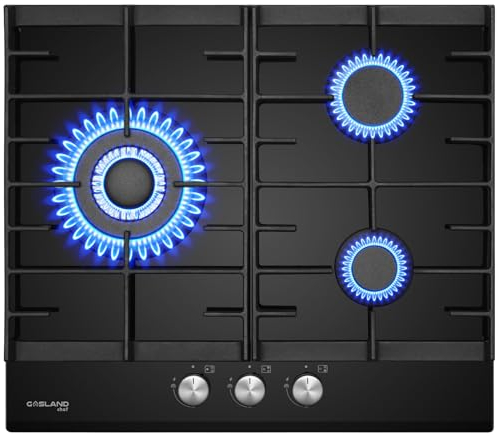 GASLAND GH603BF piano cottura a gas in vetro con bruciatore wok, 3 fuochi, piano cottura a gas da incasso, 60 cm, vetro nero, fornello a gas butano da 6200 watt, GPL/gas naturale
