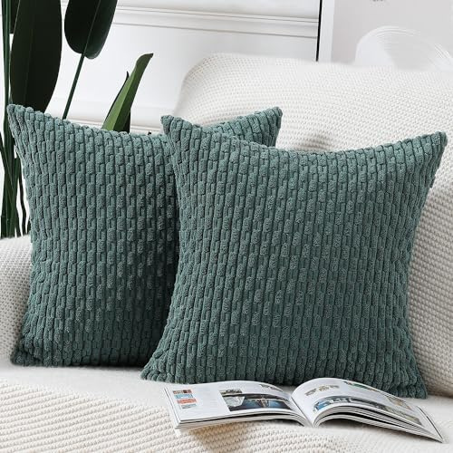 Madizz 2er Set Boho Gestreifte Kissenbezüge Weicher Kord Dekorativer Kissenbezug für Schlafzimmer Sofa Kissenhülle Dunkelgrün 40 x 40 cm