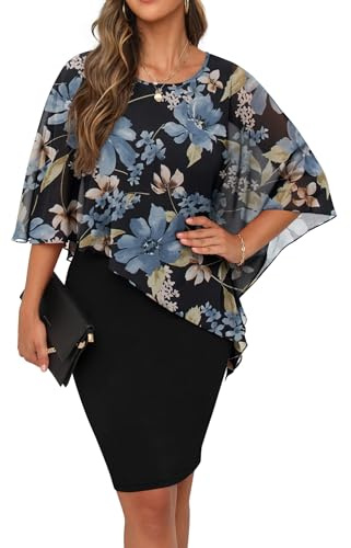 QIXING Dam chiffong cape cocktialklänning rund hals pennklänning sommarklänning dam knälång elegant aftonklänning med overlay casual bodyconklänningar, Blå blomma-svart, M