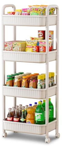 JOYZAN 4 Tier Rolling Carts with Wheels, Utility Cart with Handle and Locking Caster, Storage Cart for Kitchen, Office, Bedroom, Suitable for Diaper, Art Tools, Snack, Craft Storage Cabinet, White