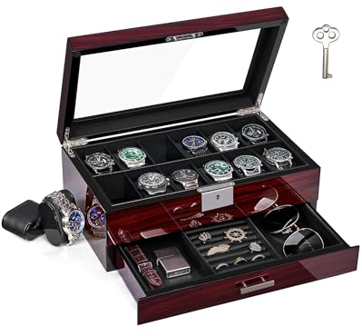 ANWBROAD 12 Slots Uhrenbox Herren Holz Watch Box 2-Tier Uhrenaufbewahrung mit Großem Glasdeckel Uhr Display Case Abschließbare Uhrenhalter Organizer für Geschenkable Fancy Uhrenhalter JWB001Y