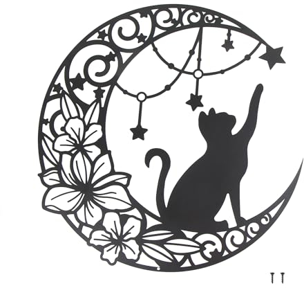 30cm Metallo Decorazione La luna, le stelle e il gatto, Quadro moderno soggiorno, 3D Decorativo Minimalista Moderno Astratto Linea Arte, per soggiorno, ufficio, decorazione per la casa (nero)