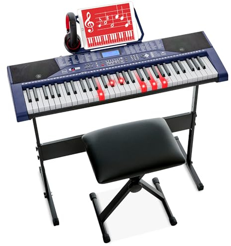 Best Choice Products 61-Key Beginners Complete Electronic Keyboard Piano Set w/Lighted Keys, LCD Screen, Headphones, Stand, Bench, Teaching Modes, Note Stickers, Built-In Speakers - Blue