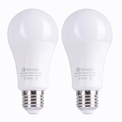 Etrogo LED Birne Bewegungsmelder E27 9W 800Lm Warmweiß 3000K mit Radar Bewegungsmelder und Dämmerungssensor Automatisches EIN/AUS (2-Stück)