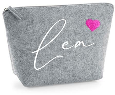 Kosmetiktasche Filz - Schminktasche personalisiert - Tasche mit Name Schreibschrift und Herz - Kosmetikbeutel mit Namen - Filztasche - Geschenkidee (Hellgrau, S)