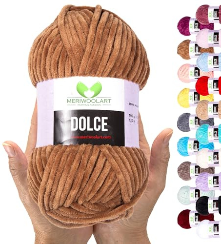 MeriWoolArt Chenille Garn zum Stricken und Häkeln Kamel - 100 g und 120 m Samt-Wolle - 100% Flauschige Polyester Strickgarn für Amigurumi Kissen Decken weiche Kleidung Geschenke