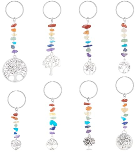 UNICRAFTALE 16 Pz Arcobaleno 7 Chakra Perline di Pietre Preziose Portachiavi Yoga Con Ciondoli In Lega Stile Tibetano e Albero Della Vita
