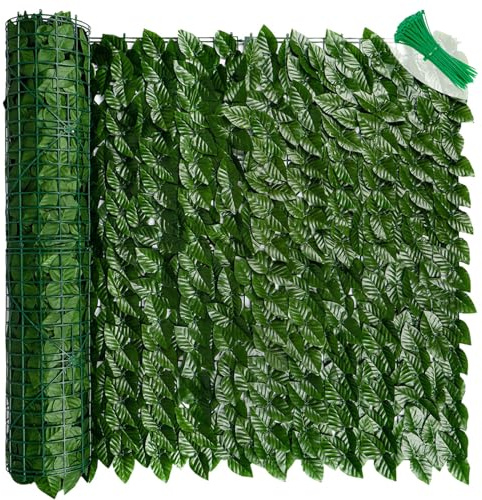 LEIVESTE Siepe Finta Per Recinzione,Recinzione Giardino Esterno,Frangivista Balcone, Copri Ringhiera Balcone,Rete Con Foglie Finte 40 fascetti verdi omaggio (Lauro, 1 x 9 Mt)