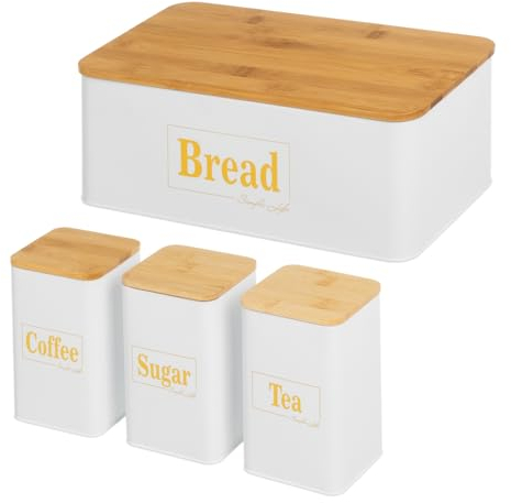 LOLAhome Boîte à pain avec couvercle en bambou et 3 pots en métal blanc avec lettres jaunes pour café, sucre et thé Idéal pour petit déjeuner