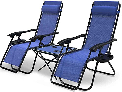 VOUNOT Zero Gravity Chair with Side Table, Set of 2, Deck Folding Recliner Sun Loungers Outdoor Chair with Cup and Phone Holder, Blue