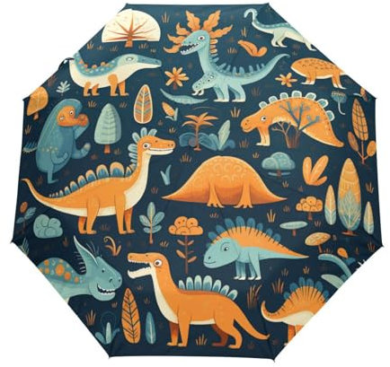 KAAVIYO Blauer Wald Dinosaurier Kunst Regenschirm Taschenschirm Auf-Zu Automatik Schirme Leicht UV-Schutz für Reise Jungen Mädchen Strand