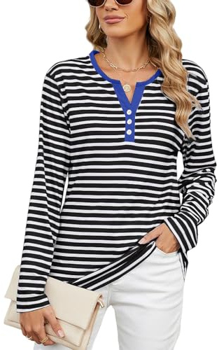Atxnn Donna Camicia a Manica Lunga Top a Righe Contrastanti Blusa con Scollo a V e Bottoni T-Shirt Casual Allentata