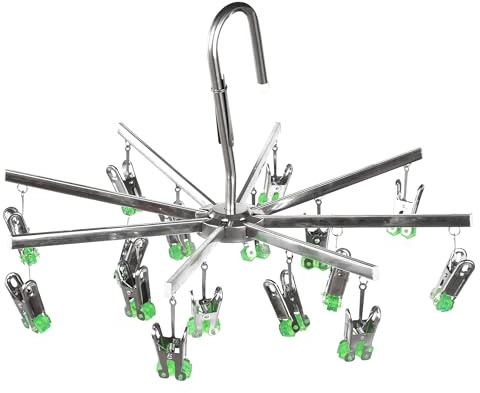 Qinglele The Sock Dryer, Drying Hanger, Stainless Steel, Clothes Airer with 16 Clothes Pegs for Underwear, Socks, Foldable, Green
