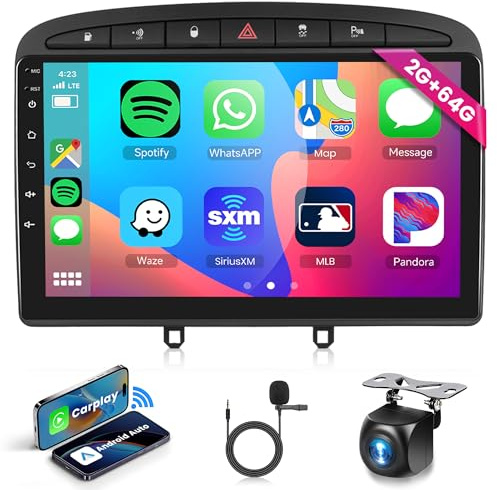2G 64G Android 13 Radio para Peugeot 308 408 2007-2015 con Pantalla Táctil de 9 Pulgadas, Carplay, Android Auto, Navegación GPS, Mirror Link, Bluetooth, FM/RDS, WiFi y Cámara Trasera