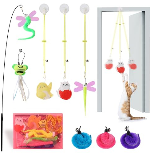 Janbenty Interactive Cat Toys, 8 Assorted Teaser Refills, 3 Indoor Cat Hanging Toy and 1 Interactive Wand Suitable for Indoor Cats