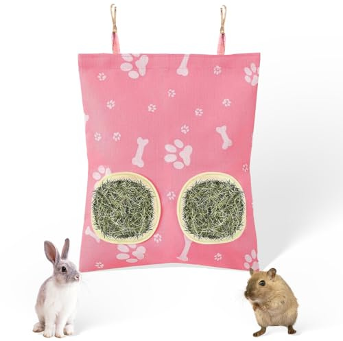 LONZIKP Sac de Foin Suspendu pour Petits Animaux, Heutasche pour Lapins, Station de Nourriture pour Lapins/Cochons d'Inde/Chinchillas (rose, 2 Fenêtres)
