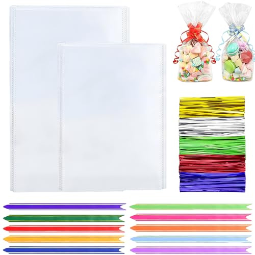 OWill 100 PCS Clear Cellophane Bags, 2 Sizes 6x10 7x8.6, Party Cellophane Treat Bags for Cookies Sweets Candy Packing
