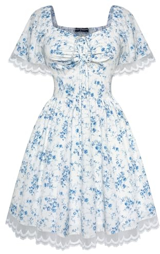 Mittelalter Rockabilly Swing Kleid für Damen Kurzarm mit Tasche Abendkleid Weiß-Blau Blumen S