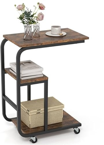 COSTWAY Tavolino Laterale a Forma di C, Tavolino da Salotto con Ruote Bloccabili, Ripiani Aperti e Struttura in Metallo, Tavolino Salvaspazio per Camera da Letto e Soggiorno (1)