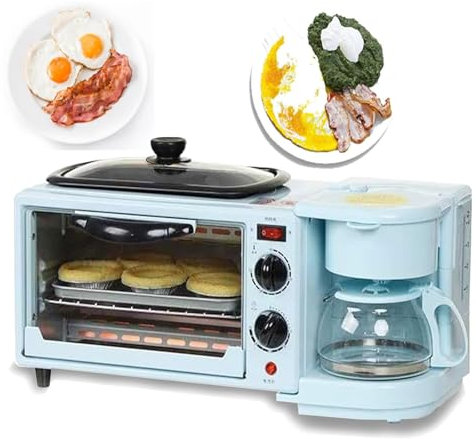 HEGGMKK Portable Oven Breakfast Maker, with Coffee Machine, 3 in 1(Oven+frying Pan+coffee), Double Knob Adjustment: 30m Time + 100-230°C Temperature, for Apartments,Blue