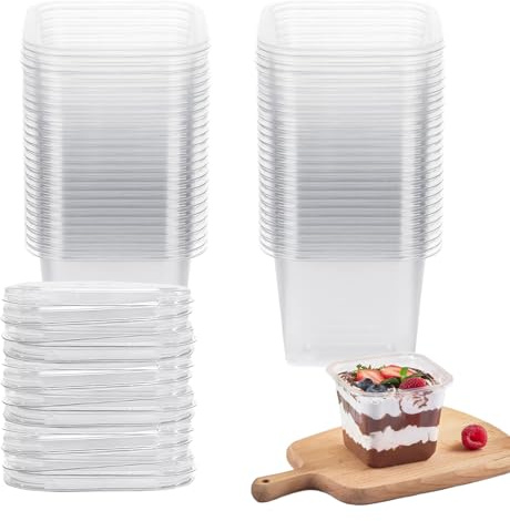 Dessert Cups with Lids - 50 Pack Plastic Dessert Pots with Spoons, Cheesecake Pots, 360ml/12oz Clear Cheesecake Cups with Lids, Reusable Square Parfait Cup for Pudding, Mousse, Ice Cream, Fruit
