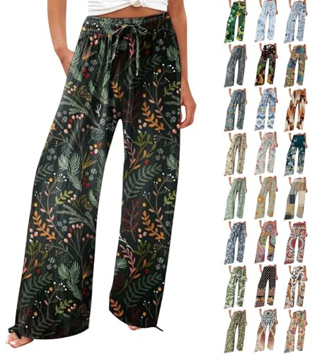 Generisch Weite Sommerhose Damen Leicht Und Luftig High Waist Strandhose Lang Freizeithose Sommer Palazzo Hose Bequem Casual Stoffhose Mit Tasche