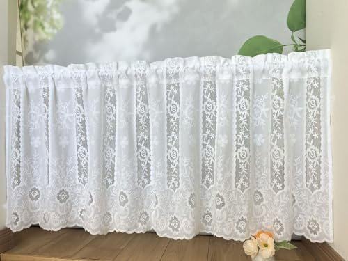 Vordesack Luxuriöse Scheibengardine mit Wellensaum & Blumenstickerei Spitzen-Vorhang Voile für Küche, Wohnzimmer halbtransparent Gardine 1 Stück Weiß HxB 60x200cm