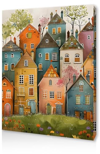 Qiukoo Wall Art Framed Canvas – Colourful Houses Print with Pre-Mounted Hooks, Whimsical Bedroom Wall Decor, Wall Art for Living Room, Hallway, or Kids’ Room 12 x 16