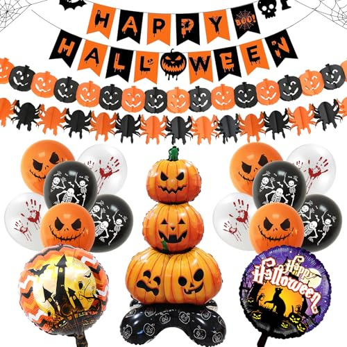 Halloween Decorazioni 18 Pezzi, Decorazioni Halloween Casa, Palloncini, Striscioni, Ghirlande, Pipistrelli, Zucche, Fantasmi per Feste a Tema