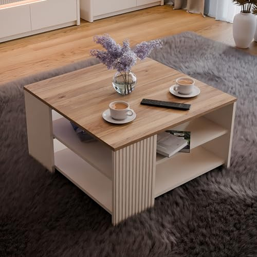 Forte Oak SQUERE Couchtisch 80, eleganter Sofatisch mit Ablageflächen, Holzwerkstoff, Mauvella Eiche Holzdekor/Sand, 80 cm breit x 45 cm hoch x 80 cm tief