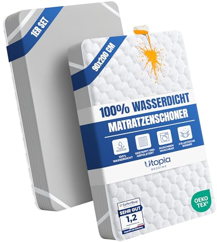 Utopia Bedding Wasserdichter Gesteppte Matratzenauflage 90 x 200 cm, Weicher Mikrofaser-Matratzenbezug, Gesteppter Matratzenschoner 90x200 Topper Mit elastischen Bändern, 4 Eckgummis