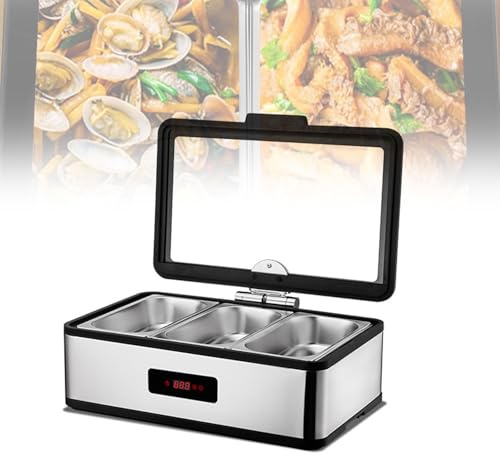 SGKOMN Teglia per Alimenti isolata Commerciale, Piastra scaldavivande elettrica in Acciaio Inox da 9 Litri con Vetro temperato con visualizzazione, scaldavivande Idraulico Regolabile, Three Grids