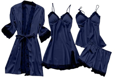 Uwdiohq Pigiama Raso Donna, Estivo Sexy 4 Pezzi: Pigiami Estivo in Pizzo con Canotta Top, Pantaloncini con Bordo, Sottoveste e Accappatoi Vestaglie in Seta Casual Set Sleepwear