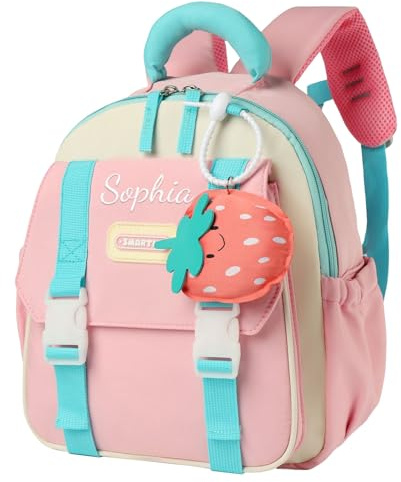 Generisch Personalisierte Kindergartenrucksack Kinder mit Namen Aufsticken, Süße Früchte Kita Rucksack Mädchen & Jungen für Kindergarten Schule, Kleinkind Schulrucksack Schulranzen 30 x 26 cm (Rosa)