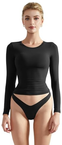 SUUKSESS Women Double Lined Fitted Basic T Shirts Crew Neck Long Sleeve Crop Top