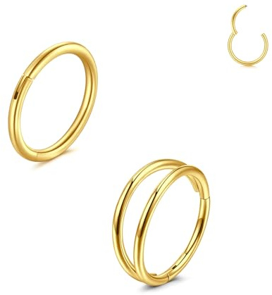 LAURITAMI 2 Stück Nasenpiercing Ring Chirurgenstahl 18G Dünn Doppelter Nasenpiercing Ring Gold, Septum Clicker Ring, 6mm Helix Conch Knorpel Tragus Nasenpiercing Bauchnabelpiercing Schmuck