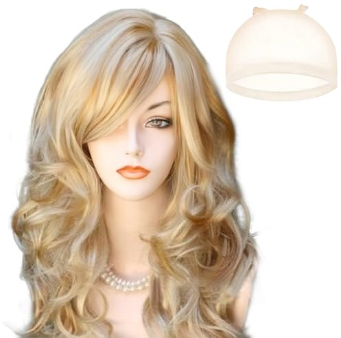 HTTDSLF Perruque Blonde Longue Perruque Ondulée, Perruques Longues Ondulée Blond, Cheveux Bouclés Synthétique pour Cosplay fête Tenue Quotidienne (Blonde)