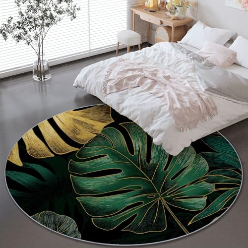 Round Rugs 90 cm, Area Rugs For Living Room Tropical Plant Monstera Deliciosa Rug Non Slip - Washable Indoor Dark Green Circular Carpet For Kids Room Bedroom Entryway Bedside Decor