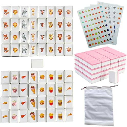 Promithi Simple Packaging, 65 Tiles 30mm Seaside Game Blocks, Plastic Material, Escape Game Set, with 4 DIY Stickers, Plastic Mahjong Style, Family Board Games for Kids and Adults (Pink)