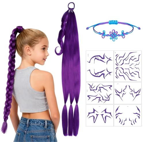 HTTDSLF Lila Geflochtene Perücke, Lila Kunsthaar Zum Einflechten, Kpop-Kostüm-Cosplay-Perücken, Geflochtenes Armband, Temporäres Cosplay Idol Tattoo, für Karneval Rollenspiel Dress Up Halloween