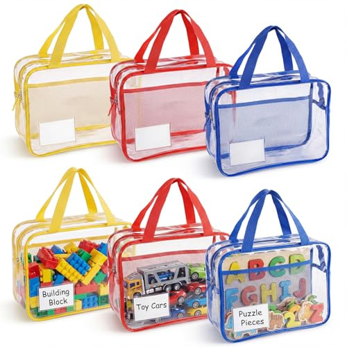 Eulihent Pack de 6 Bolsa Transparente Juguetes Bolsas de Almacenamiento de Juguetes Bolsas para Lego, Toy Storage Bag PVC Bolsa Transparente Guardar Juguete (30x24x12cm)