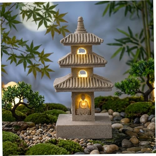BeVistoso Ornements de Jardin extérieur, Statue de Jardin pagode, décoration Solaire résistante aux intempéries 10 Pouces, Lanterne Japonaise Zen à lumière LED pour, Balcon, Patio, pelouse, Cour, kak