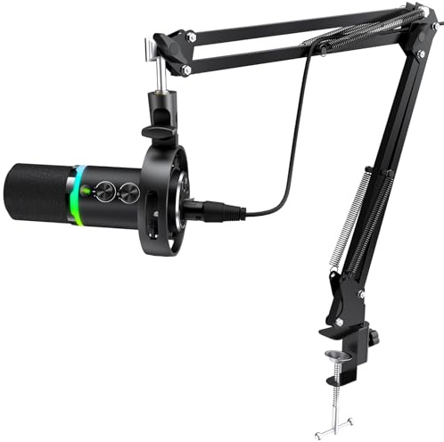 Yanmai Gaming Microphone, Dynamic RGB PC Microphone for Noisy Room Streaming Podcast, XLR/USB Computer Mic Kit with Sturdy Anti-Vibration Boom Arm, Silent Tap-to-Mute, Headphone Jack.