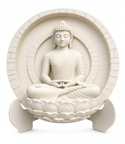 Genérico Dekorativ Buddha-figur 20 cm med bas – Zen Buddha staty meditation i lotusposition, lotusblomma och halo mandala – heminredning, kontor, yogarum, andlig gåva