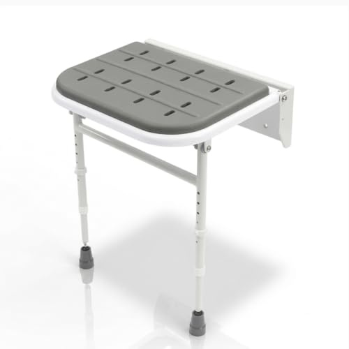 Padded Wall Mounted Shower Seat – Folding Shower Seat with Legs for Bathroom Safety – Comfortable Shower Chair for Elderly & Limited Mobility Users – Space Saving Foldable Shower Seat