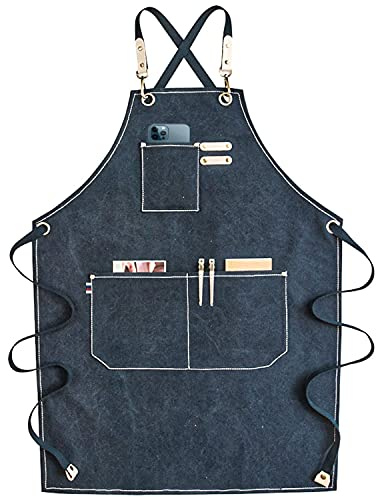 RAPRON Canvas Schürze Herren Damen - Denim Kochschürze mit Taschen - Grillschürze für Männer und Frauen - Lange Schürzen für Kochen arbeits Backen- Geschenk für Küchenchefs, Oma, Opa (Blau)